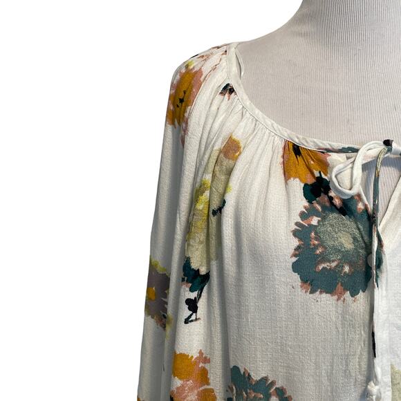 Lucky Brand Ivory Floral Peasant Top Womens Size 1X Tie Neck Boho Blouse - Picture 3 of 8